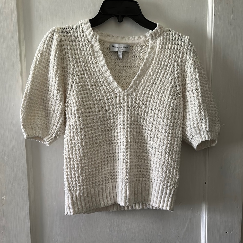 Michael Stars White Gemma Puff Short Sleeve V-Neck Sweater Top